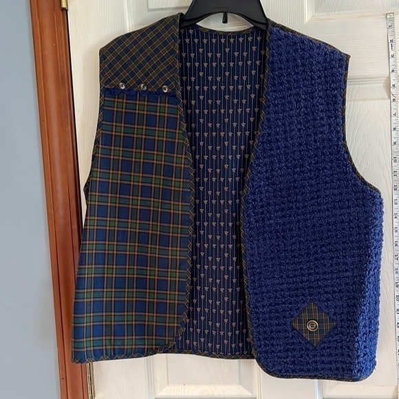 Handmade -Large-blue green plaid, blue terry cloth, buttons, unisex ,vest - Picture 1 of 9